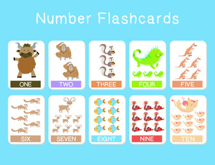 Cute number flashcards with animals set. English counting 1 to ten. Vector illustration