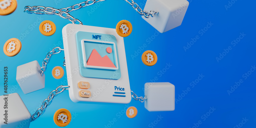 Poster 3d rendering nft or non-fungible token ,cryptocurrency and blockchain technology illustration.