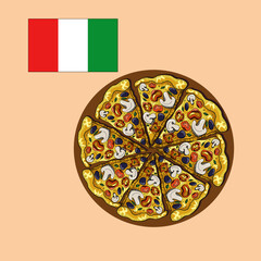 Vector illustration with pizza and Italy flag in digital flat technique 