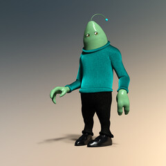 3d-illustration of a funny isolated scifi fish alien with turtleneck sweater just standing