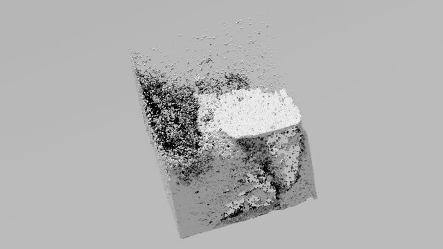 3d render of monochrome abstract art 3d animation video with surreal cube or box based on splashing liquid small metallic balls spheres or bubbles particles in motion on isolated grey background