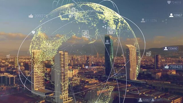 Business data analytic interface fly over smart city showing alteration future of business intelligence. Computer software and artificial intelligence are used to analyze big data for strategic plan