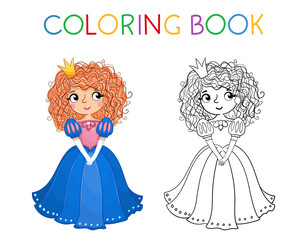 Coloring book for children. Cute little girl and princess in a beautiful dress. Vector illustration in a cartoon style