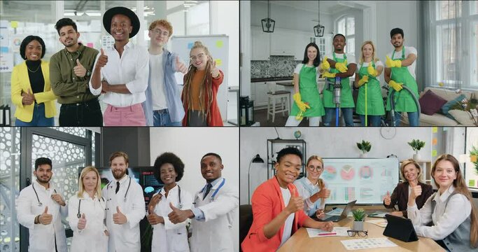 Mosaic of attractive successful multicultural groups of different occupations which posing on camera during their works and gesturing thumbs up