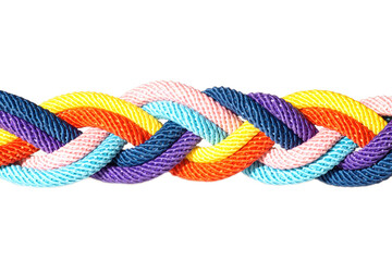 Six colored cords braided together isolated - obrazy, fototapety, plakaty