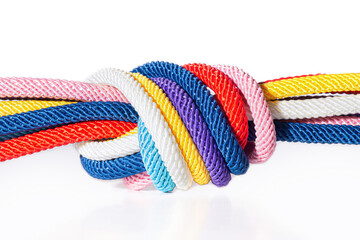 Seven colored cords knotted together isolated