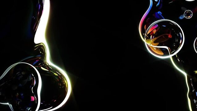 3d render of animated video of surreal object based on meta round balls spheres glass drops water liquid in rainbow neon gradient light color in transition deformation process on black background