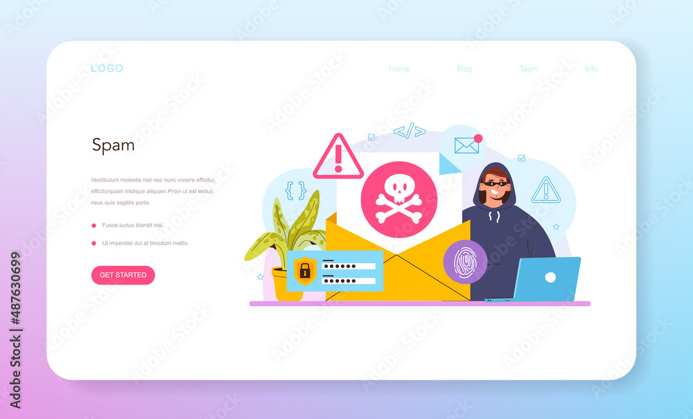 Poster hacker web banner or landing page. cyber attack, thief stealing personal data