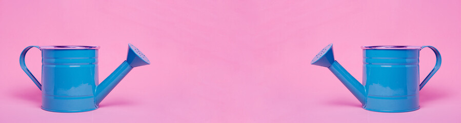 Banner two blue watering cans on pink background.Concept beginning summer season. © freeman83