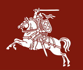 Vytis Lithuania symbol an armored rider on a horse, holding sword raised above his head in his right hand. Shield with a double cross hangs next to the rider's left shoulder. - obrazy, fototapety, plakaty