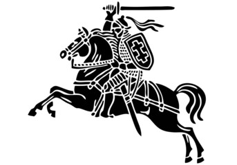 Vytis Lithuania symbol an armored rider on a horse, holding sword raised above his head in his right hand. Shield with a double cross hangs next to the rider's left shoulder. Golden color, rider horse - obrazy, fototapety, plakaty