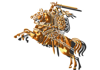 Vytis Lithuania symbol an armored rider on a horse, holding sword raised above his head in his right hand. Shield with a double cross hangs next to the rider's left shoulder. Golden color, rider horse