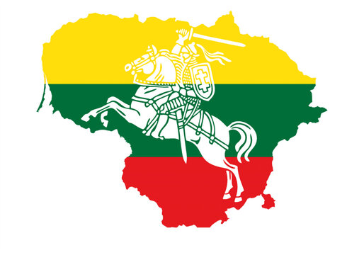 Vytis Lithuania symbol an armored rider on a horse, holding a sword raised above his head in his right hand. A shield with a double cross hangs next to the rider's left shoulder. Lithuania map, flag.