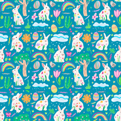 Easter seamless pattern. Spring, rabbits, trees, flowers, birds and rainbows on blue sky background