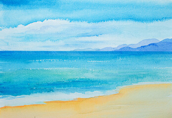 Blue sky with clouds, sea and mountains on the horizon Watercolor painting on textured paper.