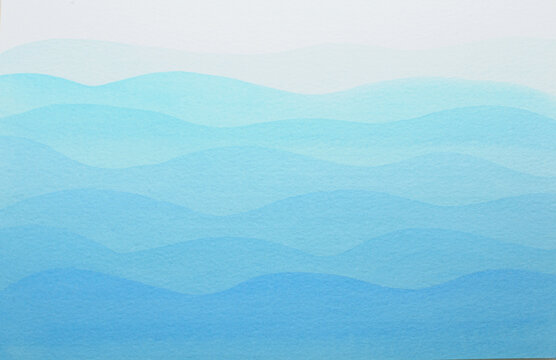 Abstract sea waves in blue. Watercolor drawing on textured paper.