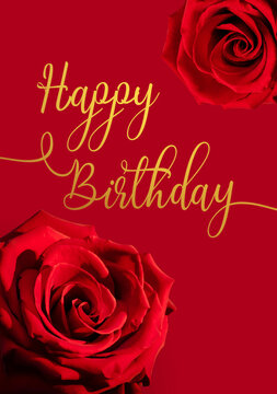 Beautiful rose on red background with title "Happy Birthday"