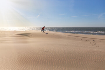 Boy is running across the dunes on the coast of the Northern Sea , deserted beach in the Netherlands.