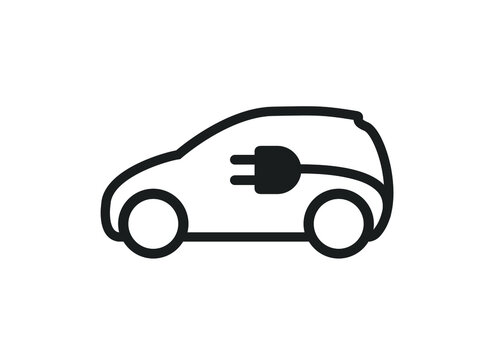 Electric car icon. Eco friendly vehicle icon.  Electrical automobile cable contour and plug outline icon.