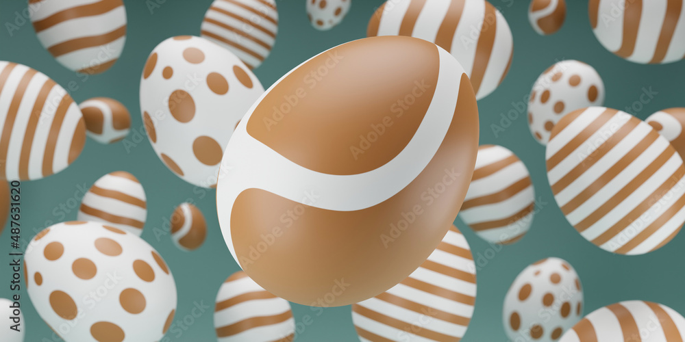 Poster easter composition with levitation 3d rendering gold egg. happy easter creative banner with falling 