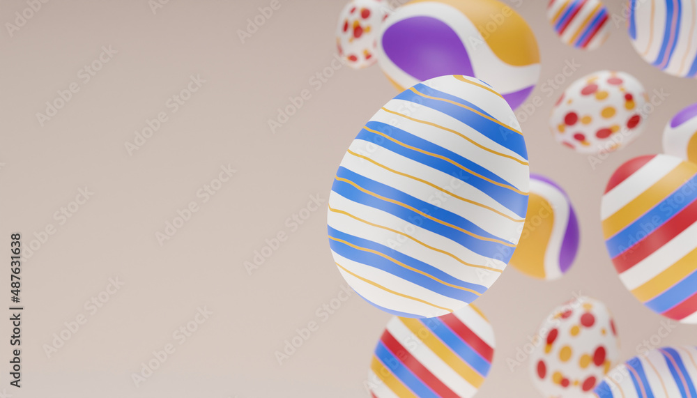 Poster easter composition with levitation 3d rendering colorful egg. happy easter creative banner with fall