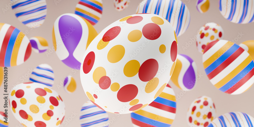 Poster easter composition with levitation 3d rendering colorful egg. happy easter creative banner with fall