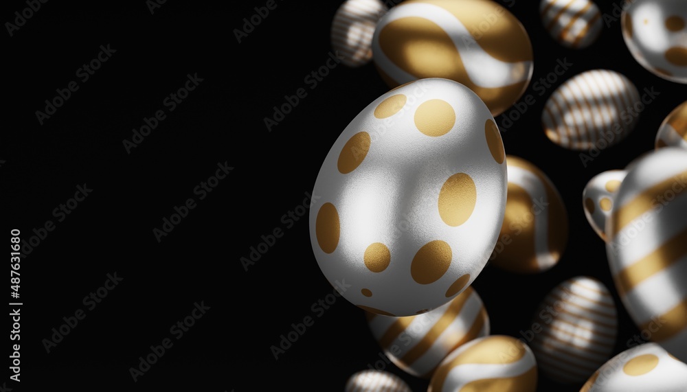 Poster easter composition with levitation 3d rendering golden egg. happy easter creative banner with fallin