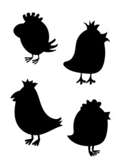Funny birds and chicks icons, a set of birds cartoons silhouettes  