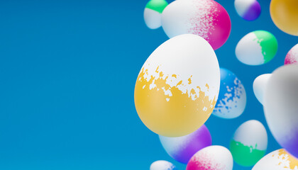 Easter composition with levitation 3d rendering painted egg. Happy easter creative banner with falling eggs on blue background. 3d render illustrative with selective focus.
