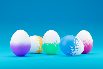 Set of colorful easter egg on blue background. Happy easter 3d render illustration banner. minimal holiday style design. 3d rendering. Natural creative composition render illustration