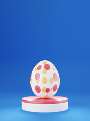 Easter egg on podium 3d render illustration on blue background. happy easter day concept. minimal scene with pedestal and egg.