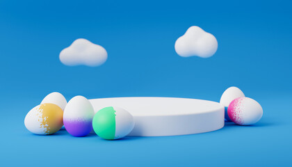 Easter egg on podium 3d render illustration on blue background. happy easter day concept. minimal scene with pedestal and egg.