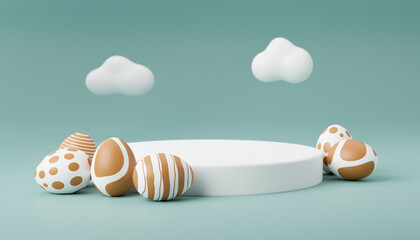 Golden Easter egg on podium 3d render illustration green background. happy easter day concept. minimal scene with pedestal and egg.