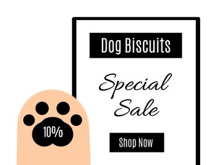 Dog biscuits 10% off. Special sale. Shop now. Discount banner. Pet promotions. Ten percent off.