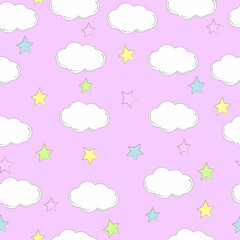 Vector clouds and stars seamless background. Cute clouds seamless background, cartoon background with star dots, vector illustration