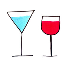 Line glasses set. Outline flat glasses and beverages icons, drink jars, wine, cocktails symbols for logo.