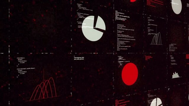 White and red programs.Animation. A problem solving program written on a black background in abstraction with various circular diagrams.