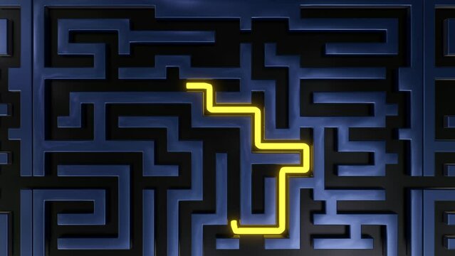 Yellow stripe goes through the maze. Static 3d render of a labyrinth.