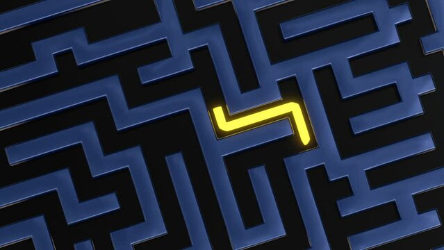 Yellow stripe goes through the maze. 3d render of a labyrinth.