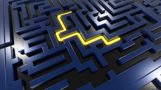 Yellow stripe goes through the maze. 3d render of a labyrinth.