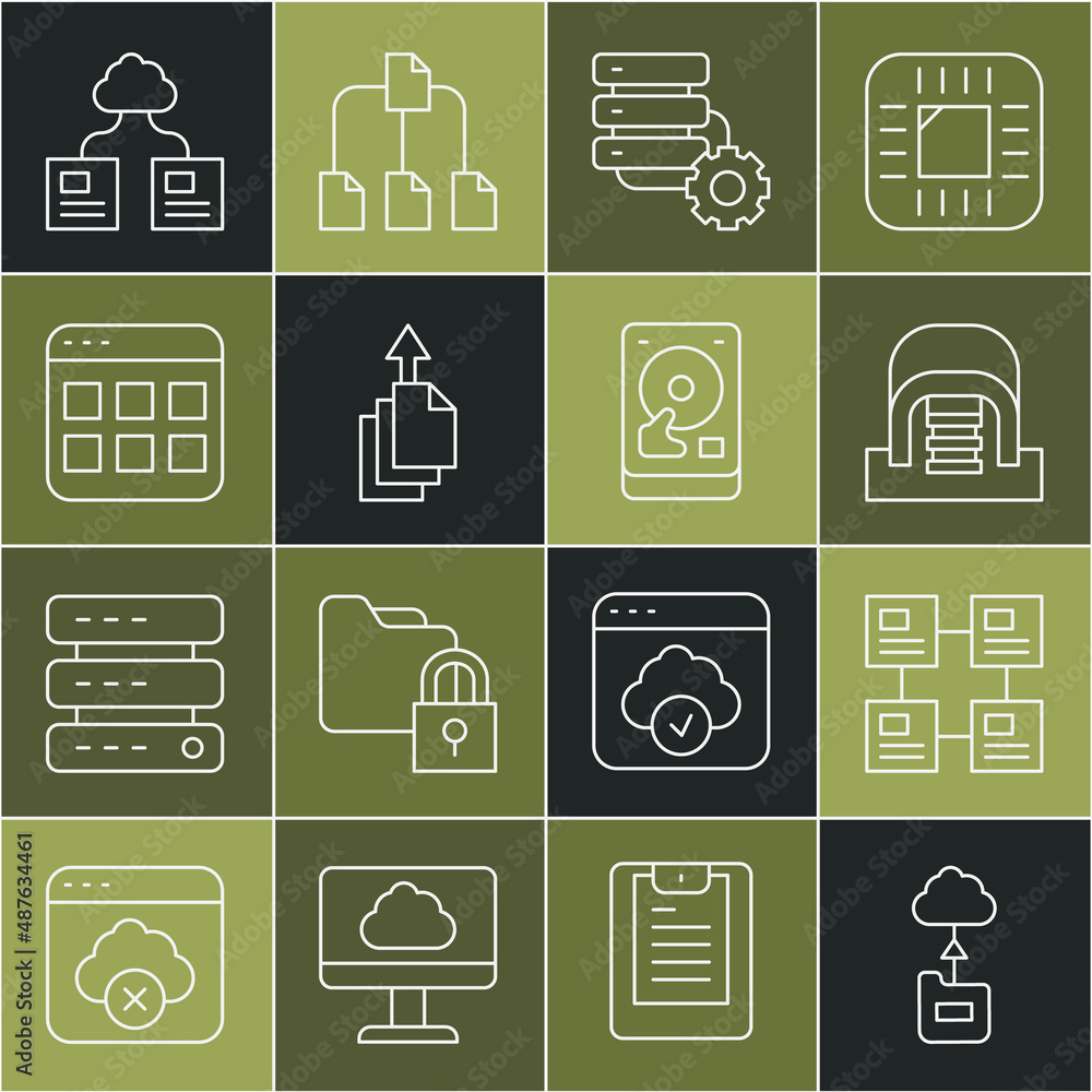 Poster set line cloud technology data transfer, hierarchy organogram chart, hangar with servers, server and