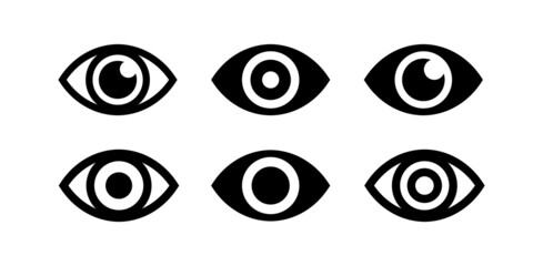 Collection of eye icons. An open eye. A view or visibility symbol. Isolated raster illustration on white background. - obrazy, fototapety, plakaty