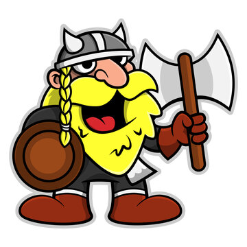 Cartoon illustration of Vikings Warlord wearing  helmet and armor while holding an ax and shield get ready to war, best for mascot, sticker, and logo with viking themes