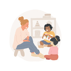 Picture storytelling isolated cartoon vector illustration Child creates a story with pictures, communication skills development, early education, preschool daycare center vector cartoon.