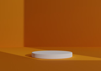 Simple, Minimal 3D Render Composition with One White Cylinder Podium or Stand on Abstract Shadow Neon Orange Background for Product Display Window Light Coming from Right Side