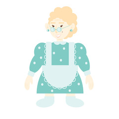 Vector illustration of an old woman. Grandmother. Nice old woman in a blue dress and glasses. Isolated