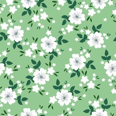 Seamless vintage pattern. White flowers and green leaves . Light green background. vector texture. fashionable print for textiles, wallpaper and packaging.
