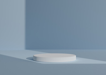 Simple, Minimal 3D Render Composition with One White Cylinder Podium or Stand on Abstract Shadow Pastel Blue Background for Product Display Window Light Coming from Right Side