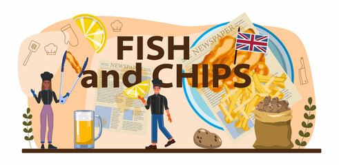 Fish and chips typographic header. British deep-fried fish and chips