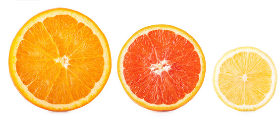 Orange, grapefruit, lemon in a cut on a white background